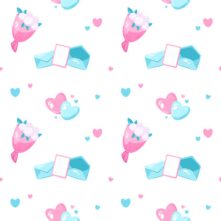 Valentine's day vector seamless pattern with hearts, envelope and bouquets. Wedding patternのイラスト素材