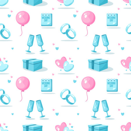 Seamless pattern with wedding rings, champagne glasses, gift boxes and hearts.のイラスト素材