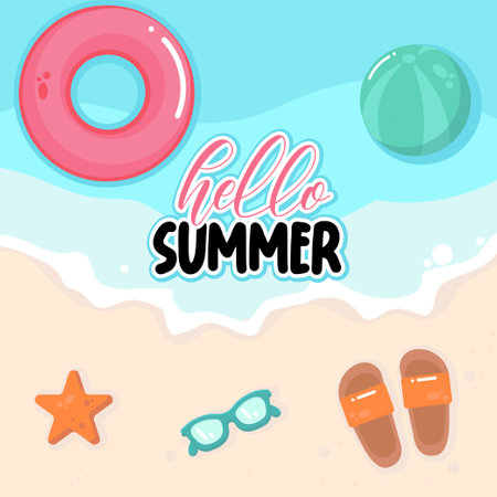 Hello summer lettering with flip flops on the beach. Vector illustrationのイラスト素材