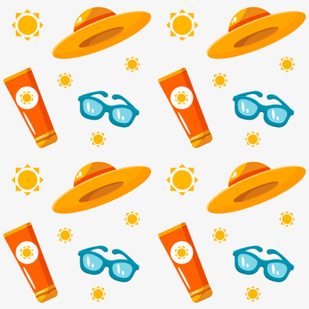 Seamless pattern with sun glasses, hat, sunblock and sunscreen. Vector illustrationのイラスト素材