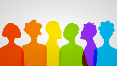 Group of multicolored silhouettes of people. Vector illustration. LGBT color flagのイラスト素材