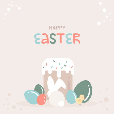 Happy Easter greeting card with eggs and rabbit. Vector illustration in flat styleのイラスト素材