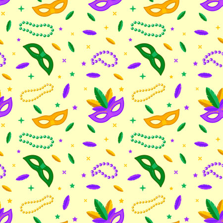 Seamless pattern with carnival masks, beads and feathers. Mardi Grasのイラスト素材