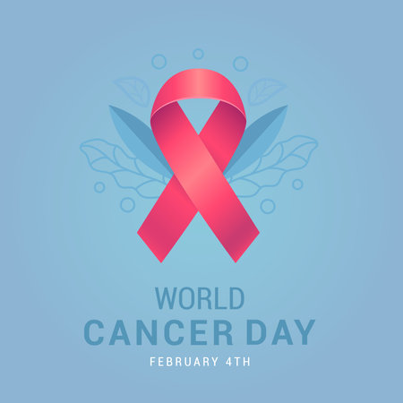 World Cancer Day. Vector illustration of a pink ribbon on blue background.のイラスト素材