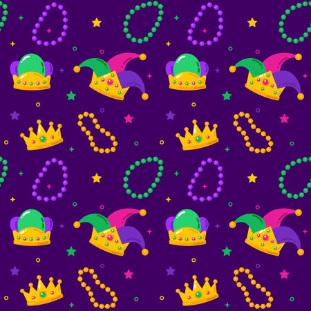 Seamless pattern with crowns, beads and harlequin. Vector illustration.のイラスト素材