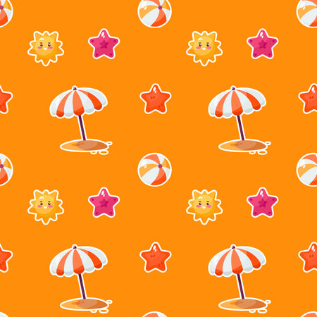 Seamless pattern with cute cartoon summer beach tools. Vector illustration