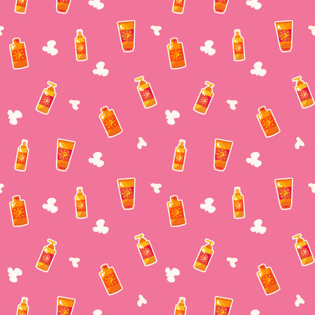 Seamless pattern with bottles of sunscreen on a pink background.のイラスト素材
