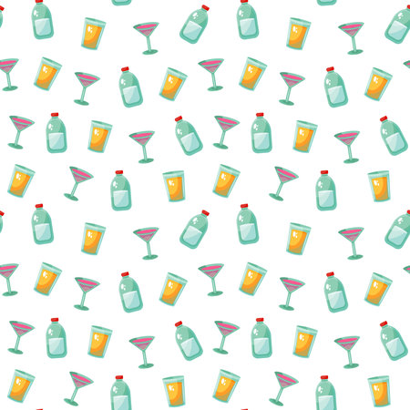 Seamless pattern with bottles and glasses. Alcoholic drinks background.のイラスト素材