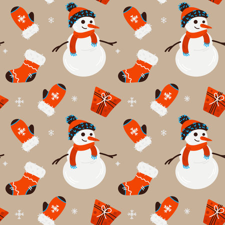 Seamless pattern with snowman and gifts. Vector illustration.のイラスト素材