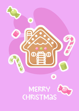 Merry Christmas greeting card with gingerbread house, candies and sweets.のイラスト素材
