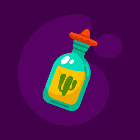 Mexican tequila bottle flat icon with cactus and sombreroのイラスト素材