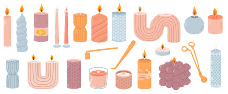 Various decorative candles set. Different shapes and sizes. Decorative wax candles for relax and spa. Candle snuffer. Hand drawn Vector setのイラスト素材