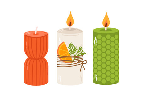 Set of candles with orange and herbs. Vector illustration in flat styleのイラスト素材