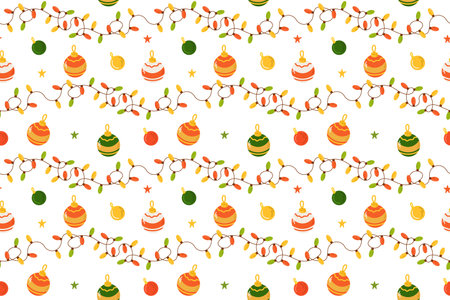 Seamless pattern with christmas decorations on white background. Vector illustration.のイラスト素材