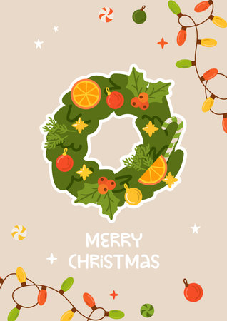 Merry Christmas greeting card with door wreath design. Flat illustration. New year bannerのイラスト素材