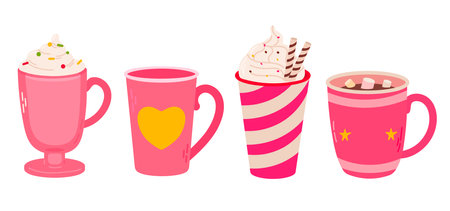 Cups of hot chocolate or cocoa with whipped creamhmallows and hearts.のイラスト素材