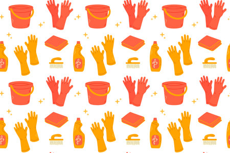 Seamless pattern with cleaning supplies. Vector illustration in flat style.のイラスト素材