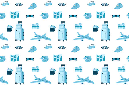 Seamless pattern with airplane, passport, tickets, glasses, bag, binoculars and other travel items.のイラスト素材