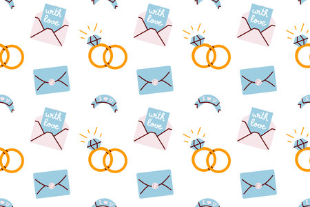 seamless pattern with wedding rings, envelope and letter. vector illustrationのイラスト素材