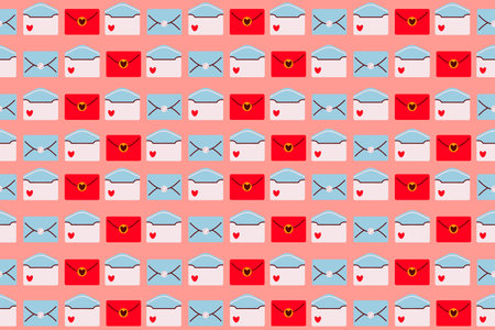 Seamless pattern with red and blue envelopes on pink backgroundのイラスト素材