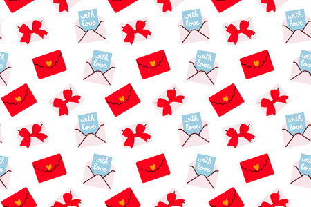 Seamless pattern with love letter and red bow. Vector illustrationのイラスト素材