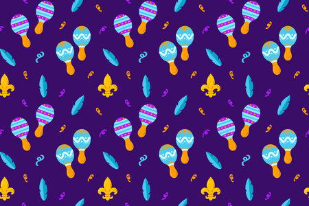 Seamless pattern with maracas and feathers for Carnival. Vector illustration.のイラスト素材