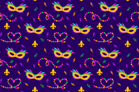 Seamless Mardi Gras pattern with colorful masks beads and fleurdelis on a dark backgroundのイラスト素材