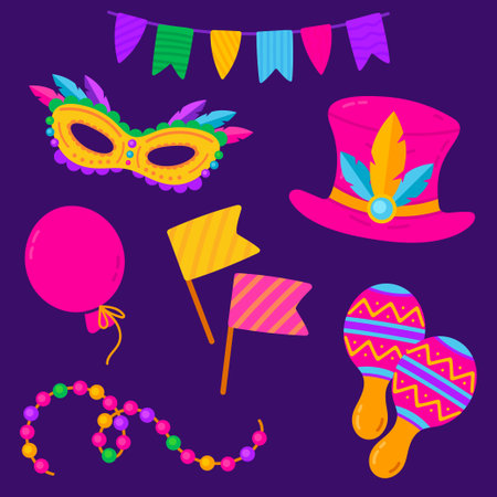 Bright carnival set with colorful mask, hat, maracas, beads, and flags on a purple backgroundのイラスト素材