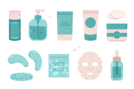 Set of skin care products and accessories. Vector illustration in flat styleのイラスト素材