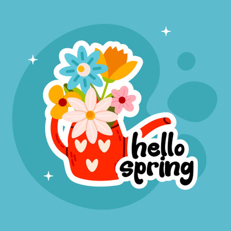 Hello spring card with watering can and flowers. Vector illustration in flat styleのイラスト素材