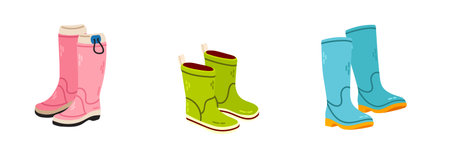Rubber boots set isolated on white background. Vector flat illustrationのイラスト素材