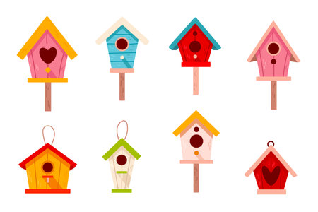 A vibrant set of cartoon birdhouses in various colors and styles. Hand-drawn flat illustrations, perfect for stickers, prints, and children's decor.のイラスト素材