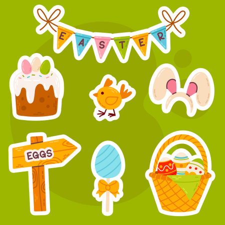 Set of cute easter stickers. Vector illustration in cartoon style.のイラスト素材