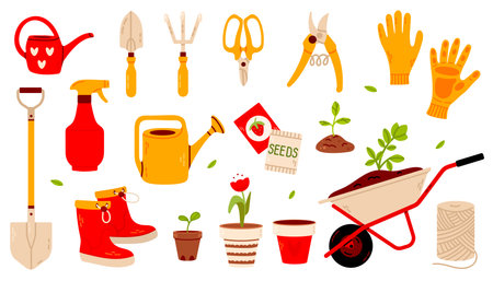 A vibrant collection of gardening tools, gloves, a wheelbarrow, watering cans, and seed packets in a red and yellow color scheme. Ideal for garden-themed illustrations and designs.のイラスト素材
