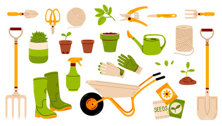 Gardening tools and equipment flat icons set. Gardening tools isolated vector illustrationのイラスト素材