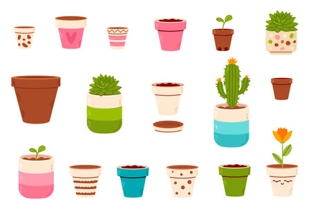 A collection of various decorative and clay flower pots, some empty and others with plants, succulents, or cacti. Perfect for gardening, botany, and home decor projects.のイラスト素材