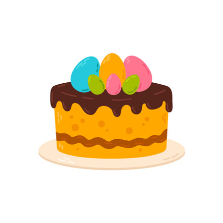 Easter cake with chocolate and colored eggs. Vector illustration in cartoon style.のイラスト素材