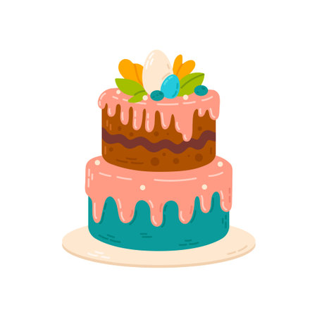 Cake with cream and chocolate. Vector illustration in cartoon style.