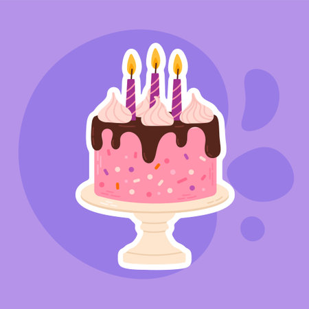 Birthday cake vector illustration. Cake with candles on a purple background.