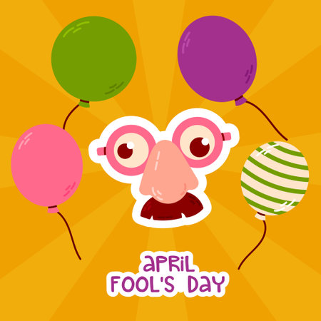 April fools day greeting card with funny face and balloons. Vector illustrationのイラスト素材