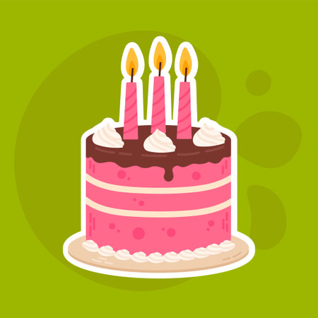 Birthday cake with candles. Flat style vector illustration isolated on green background.のイラスト素材