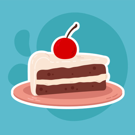 Vector illustration of a piece of cake with cherry on a plate.のイラスト素材