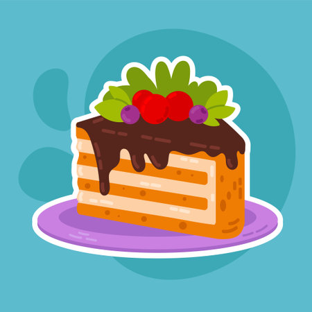A mouthwatering slice of chocolate-drizzled cake topped with fresh berries. A fun and aesthetic cartoon-style illustration, great for bakery branding, stickers, and digital assetsのイラスト素材