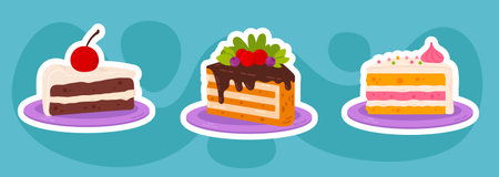 A set of three colorful cake slice stickers with different flavors and toppings. Playful and bright...