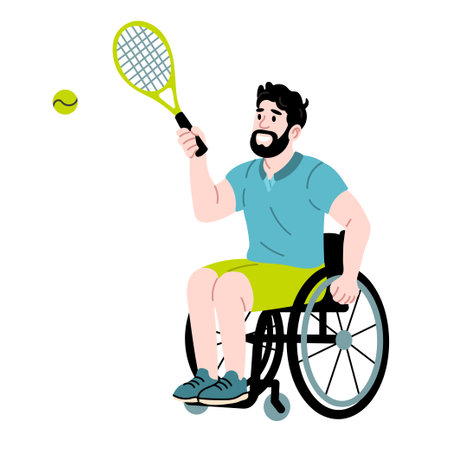 Man in wheelchair playing tennis with racket and ball on white backgroundのイラスト素材