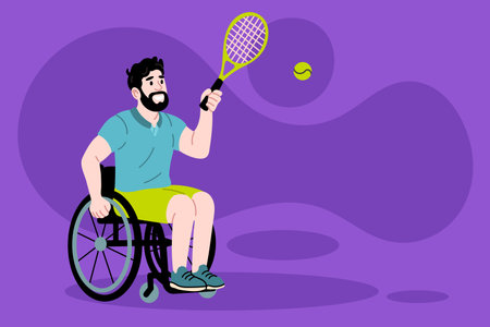 Disabled man in a wheelchair playing tennis. Vector illustration in cartoon style.のイラスト素材