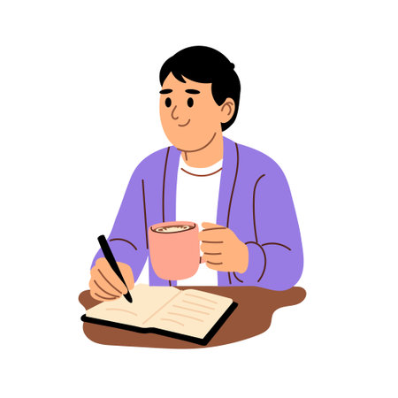 Young man sitting at table and writing in notebook. Flat vector illustration.のイラスト素材