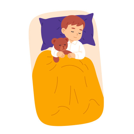 Cute little boy sleeping in bed with his teddy bear, vector illustrationのイラスト素材