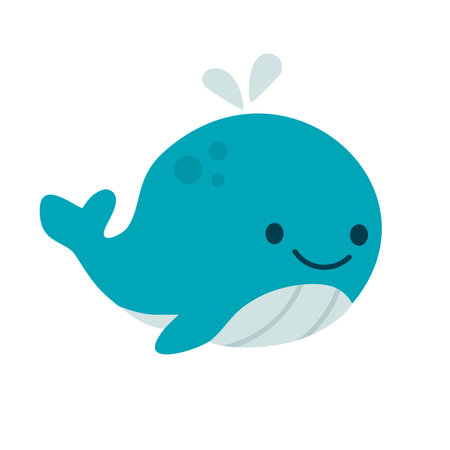 Cute blue whale with water splash and friendly face, designed for children's ocean-themed projects and educational materialsのイラスト素材