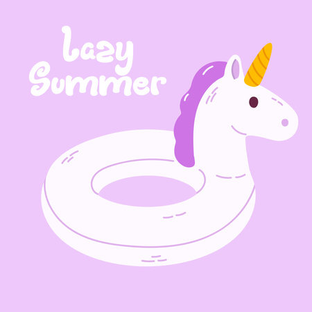 White unicorn pool float with purple mane and yellow horn, designed for summer fun, swim products, and children's beach themesのイラスト素材